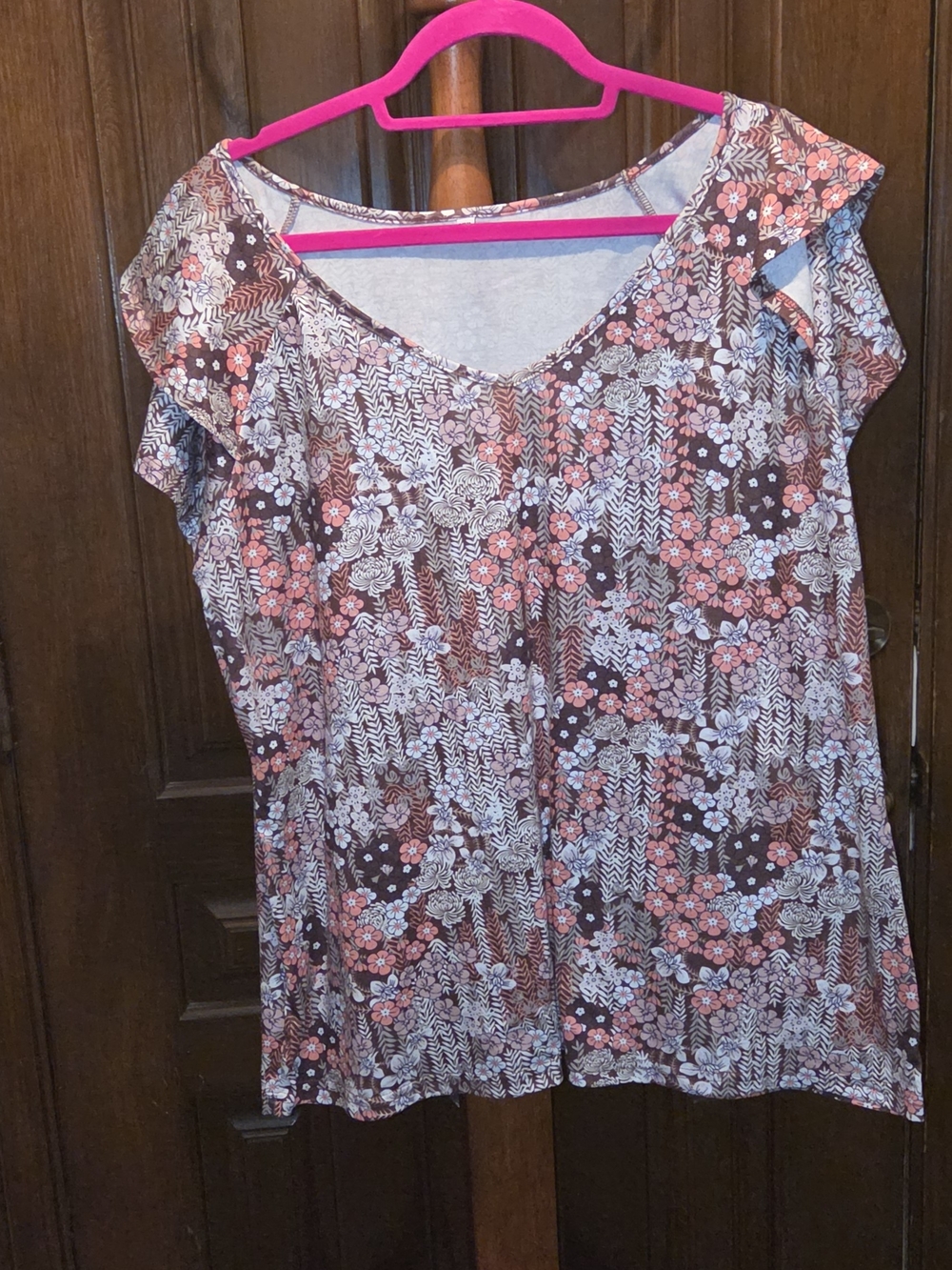 Floral V-Neck Women's Top in Brown and Coral